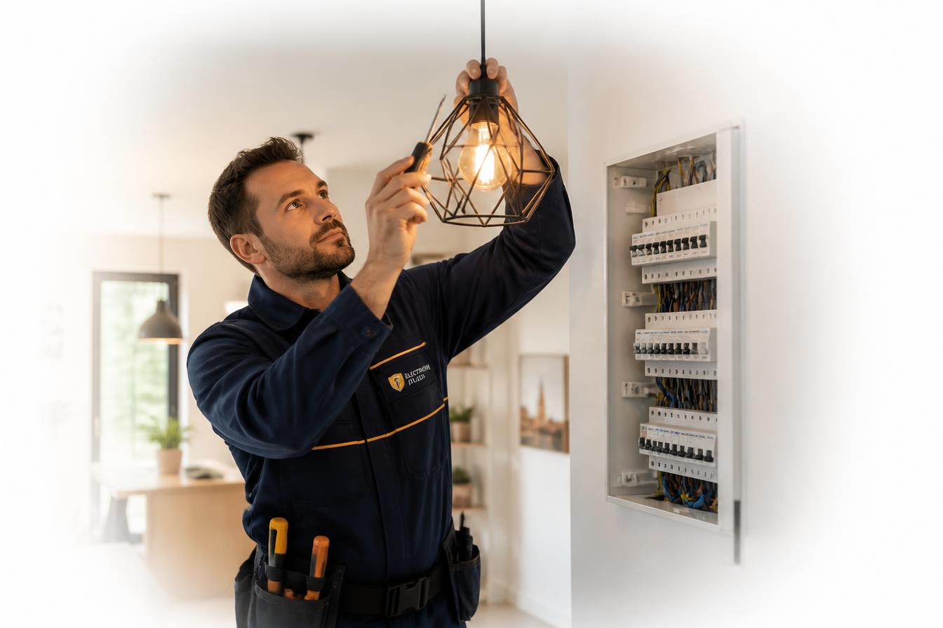 Électricien professionnel installant un luminaire dans un appartement à Dijon